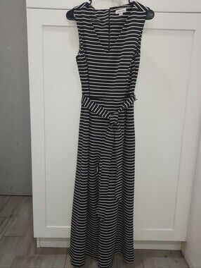 Calvin Klein Black and White Striped Wide Legged Jumsuit with Waist Tie